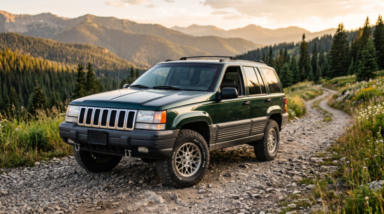Jeep Grand Cherokee ZJ 1993 vert foncé, première génération du SUV de luxe Jeep