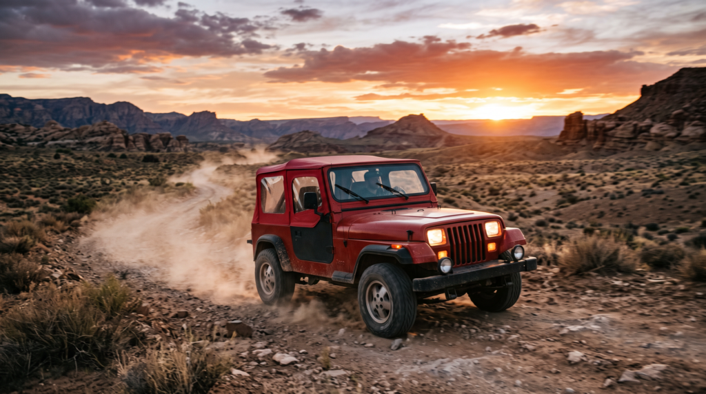 Jeep Wrangler YJ 1987 rouge sur un sentier au coucher du soleil, première génération Wrangler à phares carrés