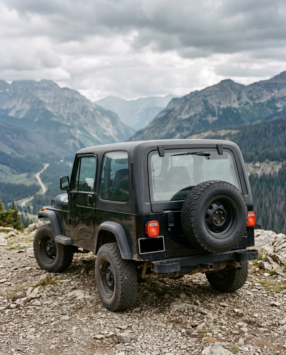 Jeep Wrangler YJ noir vue trois quarts arrière sur un promontoire rocheux en montagne
